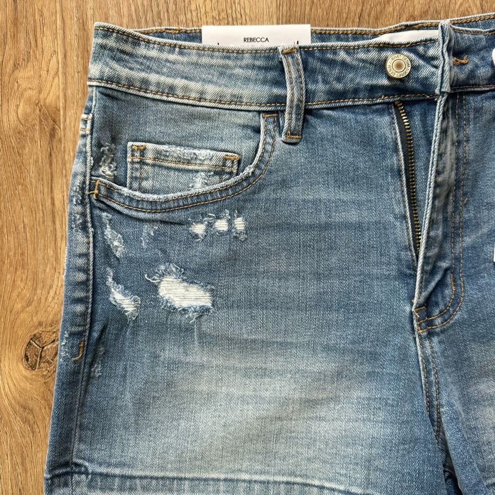 VERVET BY FLYING MONKEY Rebecca Blue Jean Shorts Distressed Frayed Hem High Rise - Picture 4 of 16